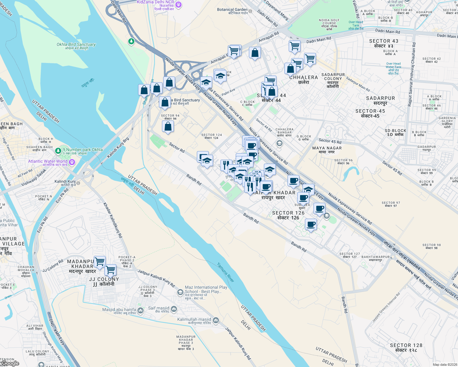 map of restaurants, bars, coffee shops, grocery stores, and more near Raipur Marg in Noida