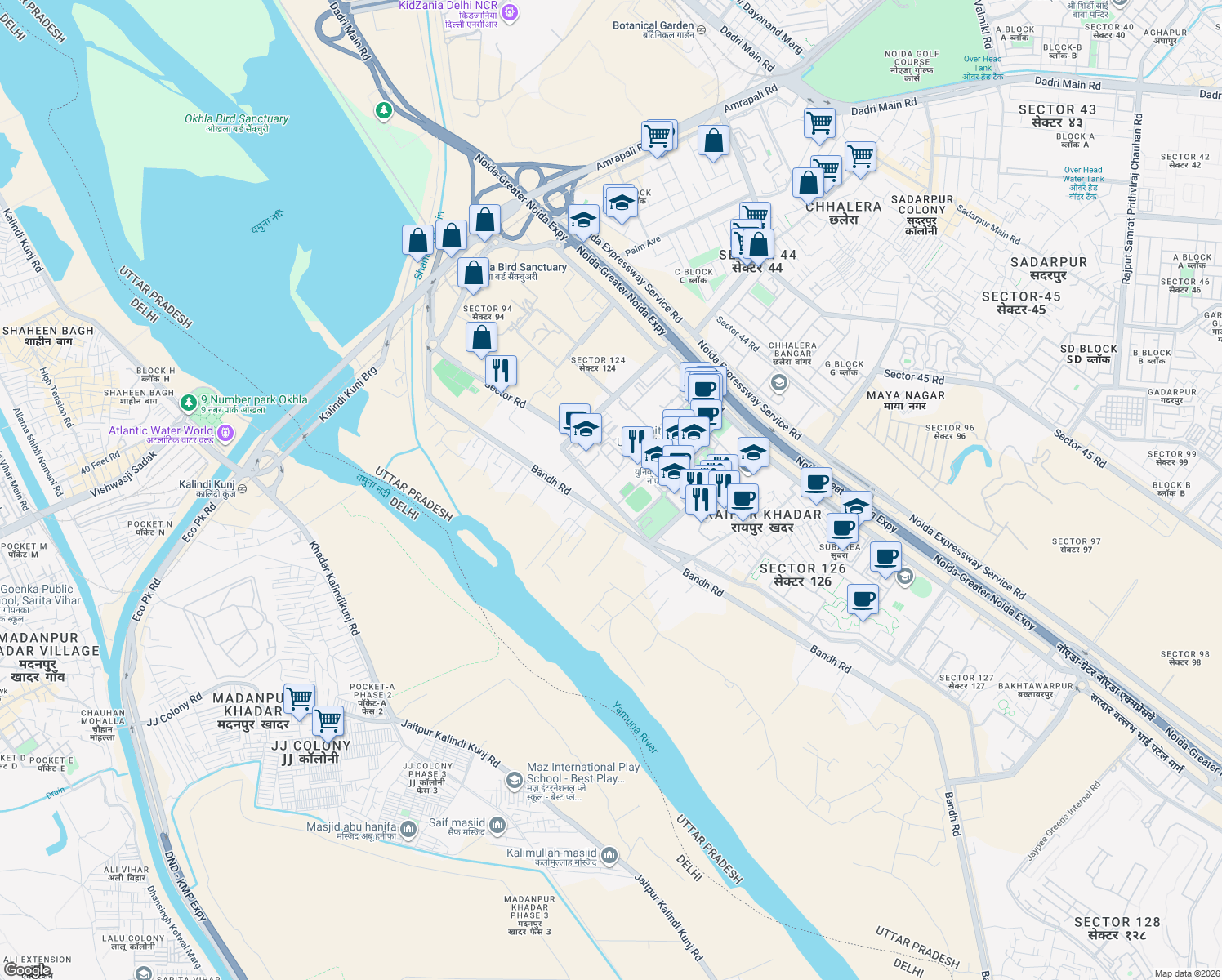 map of restaurants, bars, coffee shops, grocery stores, and more near in Noida
