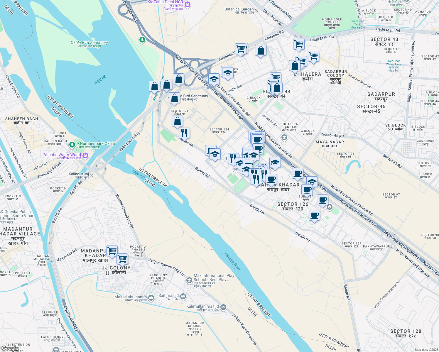 map of restaurants, bars, coffee shops, grocery stores, and more near in Noida
