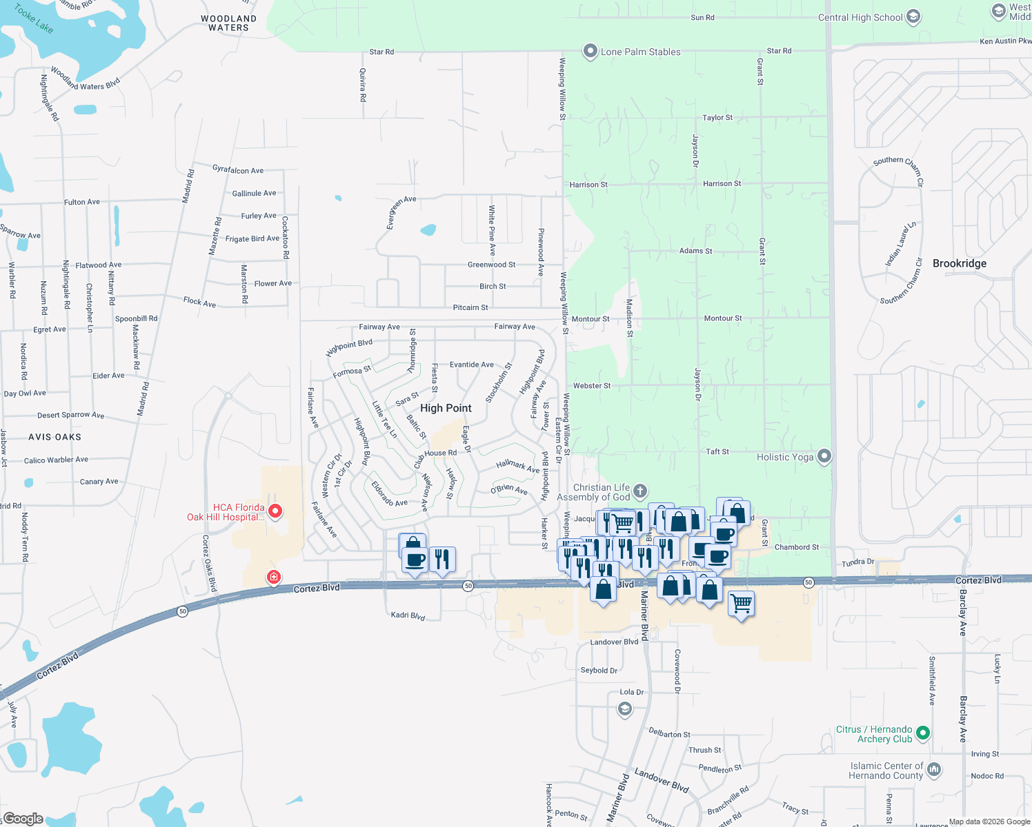 map of restaurants, bars, coffee shops, grocery stores, and more near 8795 Highpoint Boulevard in Brooksville