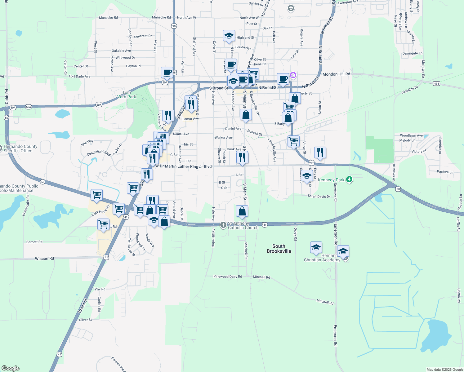 map of restaurants, bars, coffee shops, grocery stores, and more near 1101 Bethune Street in Brooksville