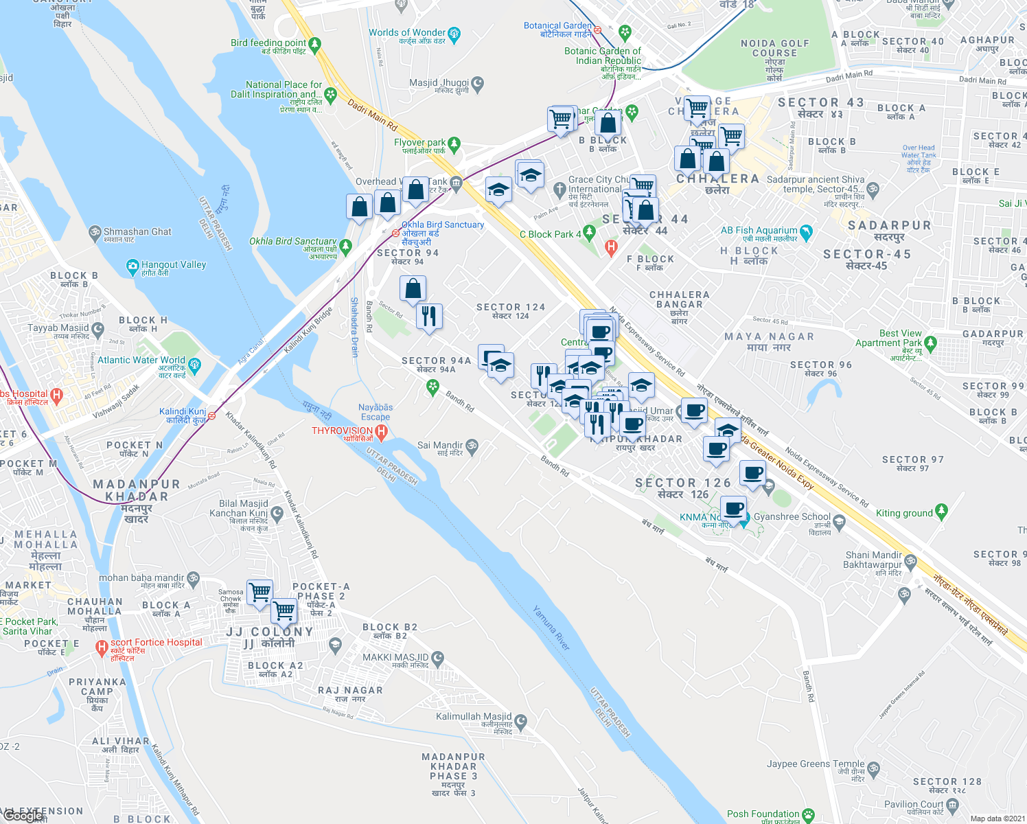 map of restaurants, bars, coffee shops, grocery stores, and more near in Noida