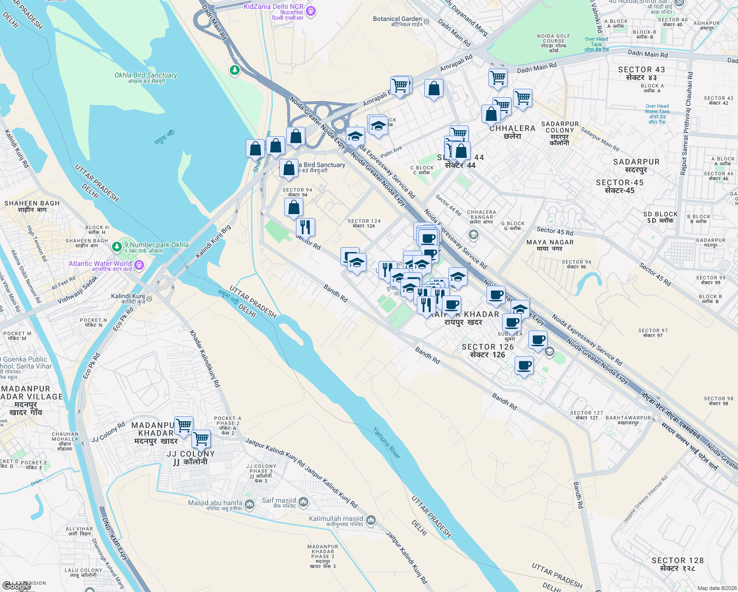 map of restaurants, bars, coffee shops, grocery stores, and more near in Noida