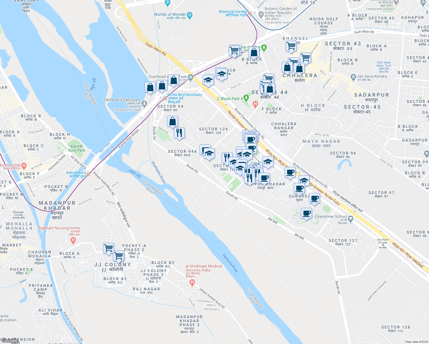map of restaurants, bars, coffee shops, grocery stores, and more near in Noida