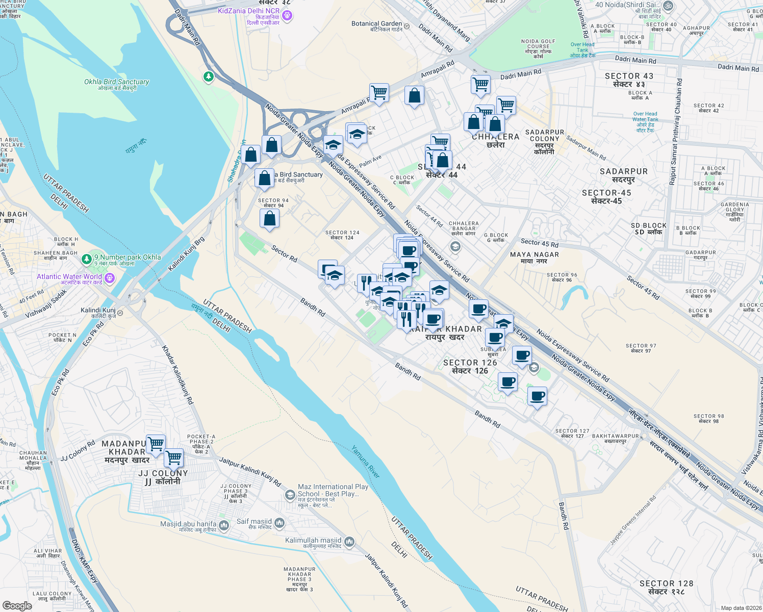 map of restaurants, bars, coffee shops, grocery stores, and more near Unnamed Road in Noida