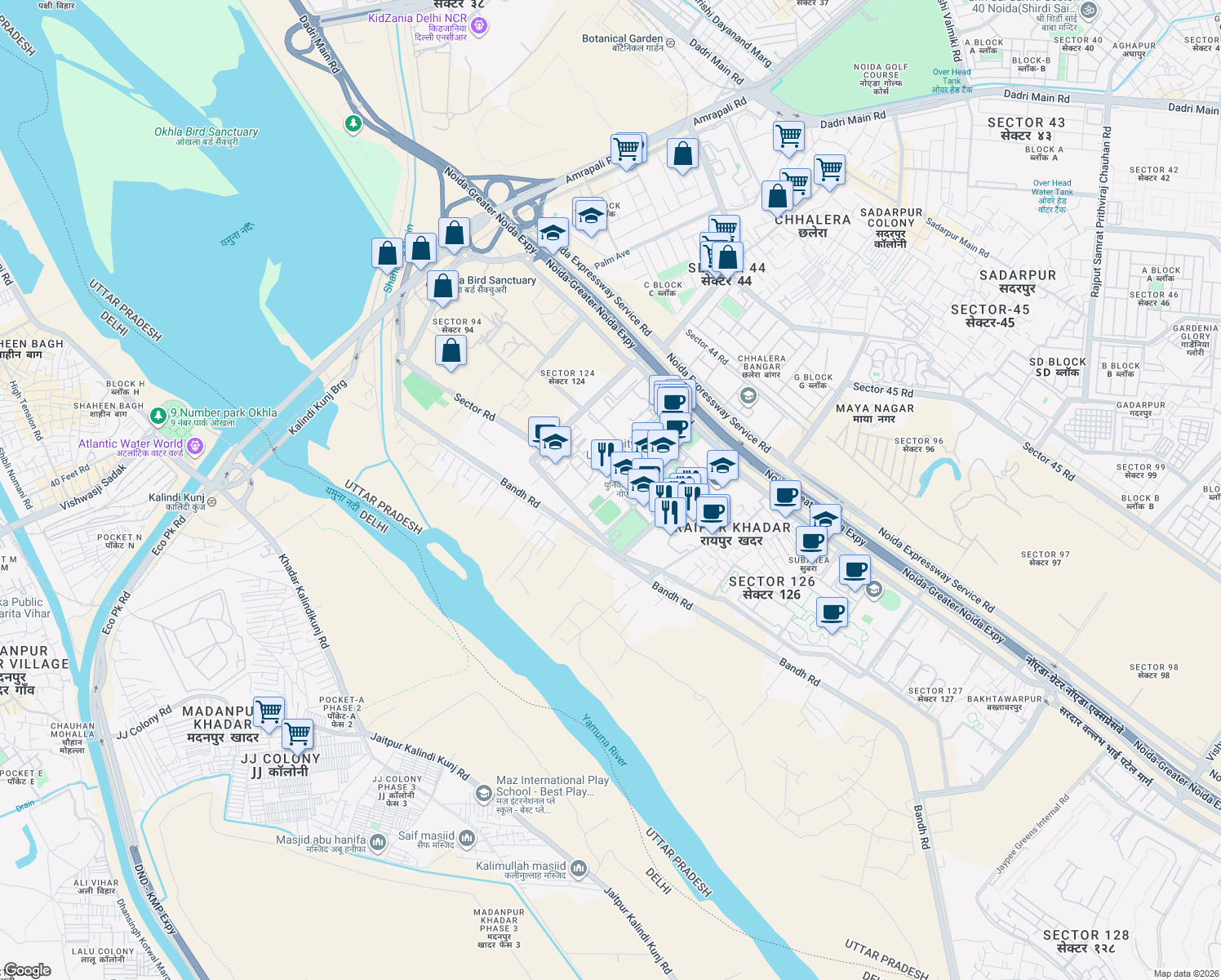 map of restaurants, bars, coffee shops, grocery stores, and more near in Noida