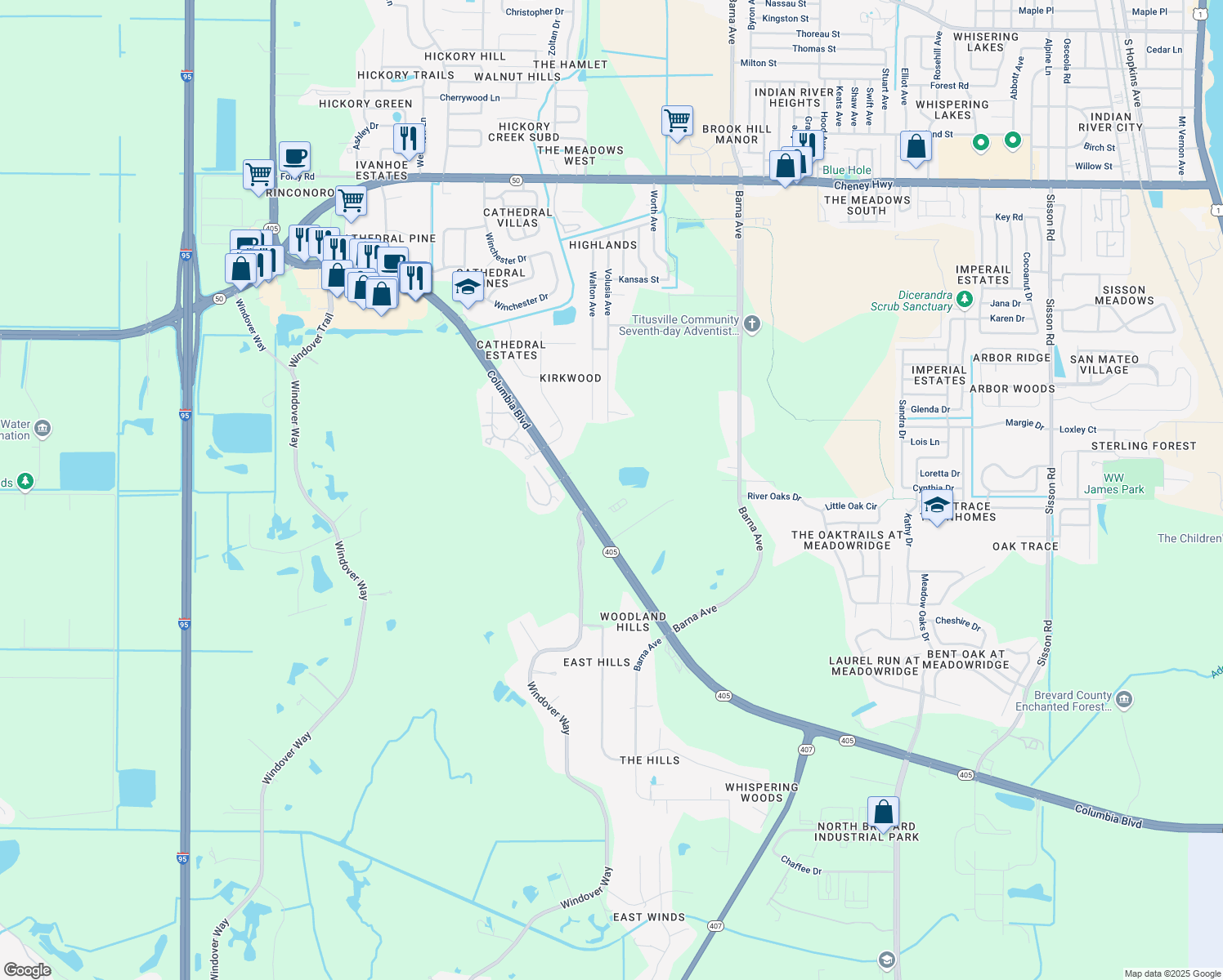 map of restaurants, bars, coffee shops, grocery stores, and more near 5325 Volusia Avenue in Titusville