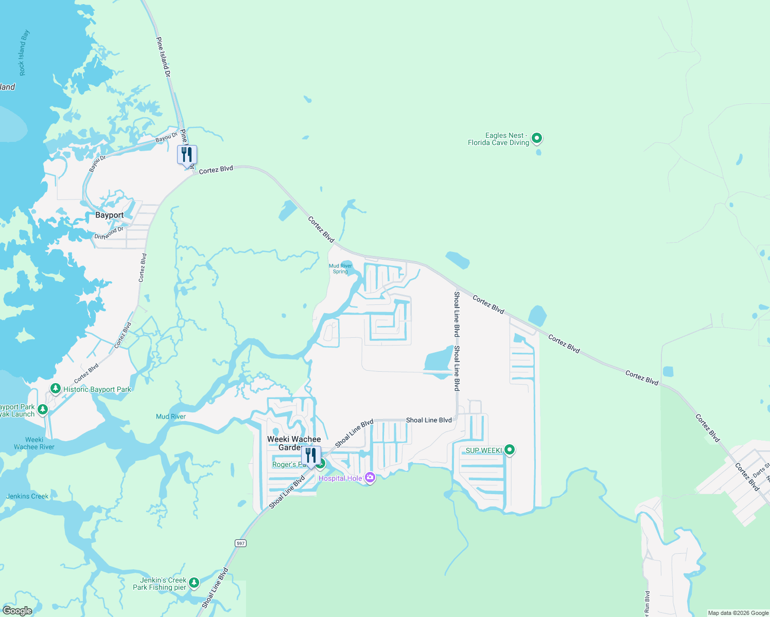 map of restaurants, bars, coffee shops, grocery stores, and more near 6028 Palm Creek Drive in Weeki Wachee