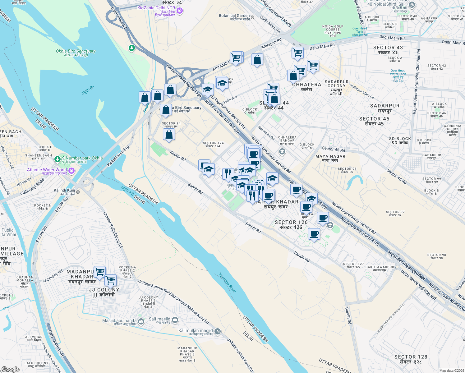 map of restaurants, bars, coffee shops, grocery stores, and more near in Noida