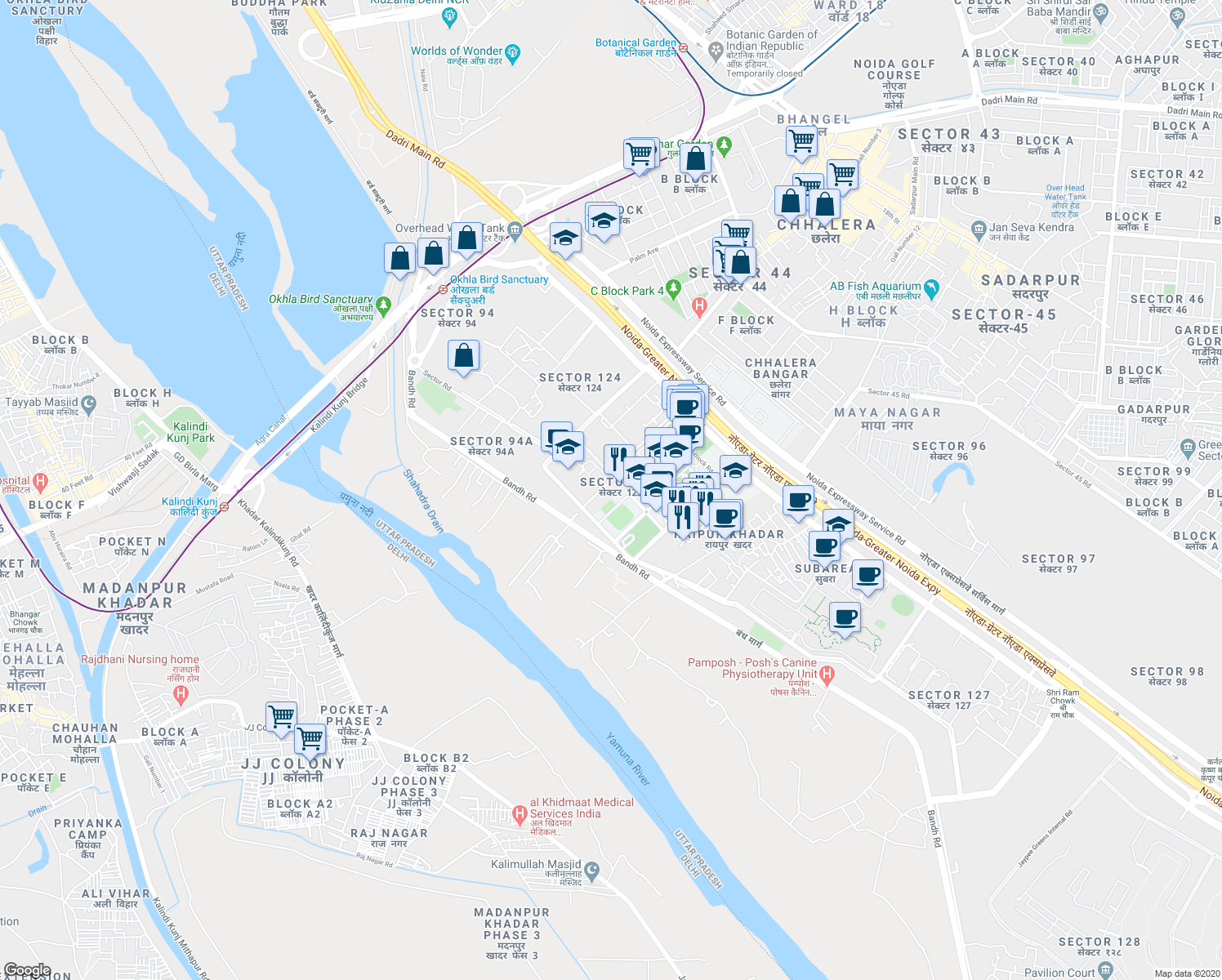 map of restaurants, bars, coffee shops, grocery stores, and more near in Noida