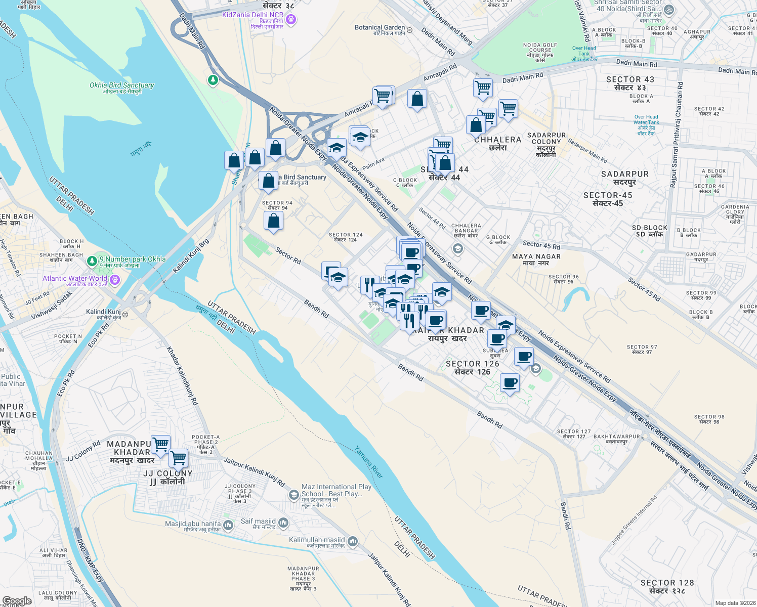 map of restaurants, bars, coffee shops, grocery stores, and more near in Noida
