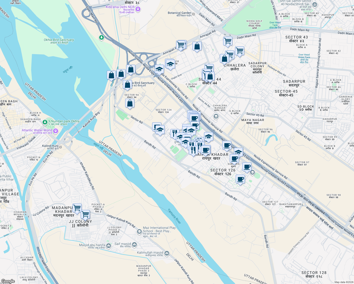 map of restaurants, bars, coffee shops, grocery stores, and more near in Noida
