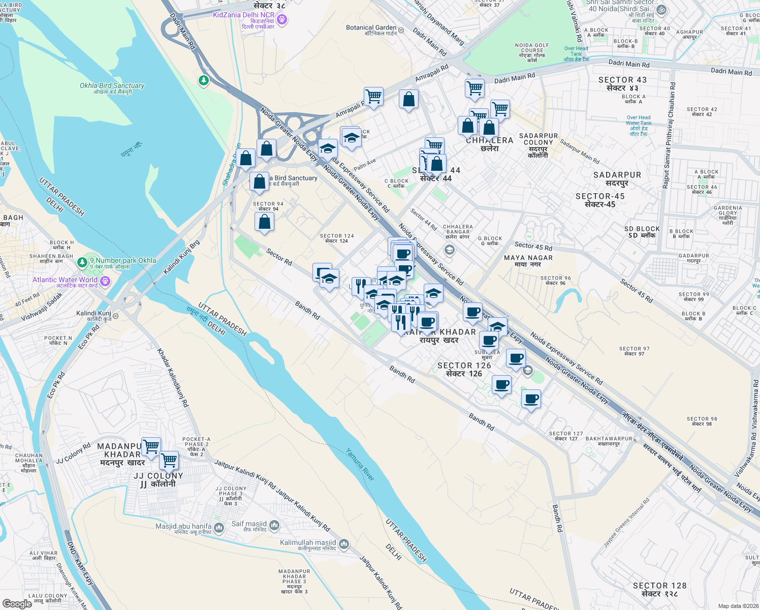map of restaurants, bars, coffee shops, grocery stores, and more near Unnamed Road in Noida