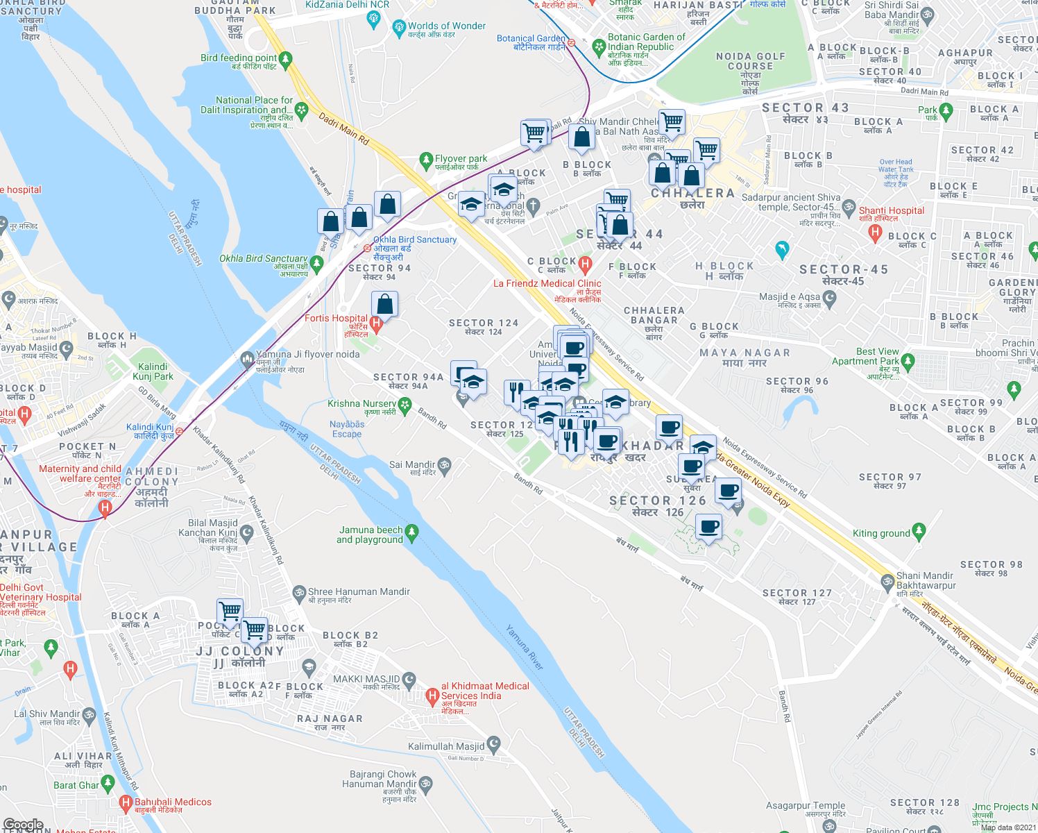 map of restaurants, bars, coffee shops, grocery stores, and more near in Noida