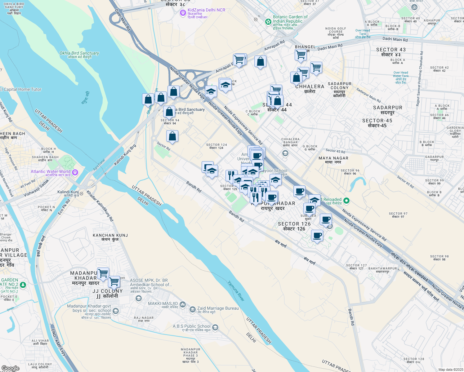 map of restaurants, bars, coffee shops, grocery stores, and more near Sector Road in Noida