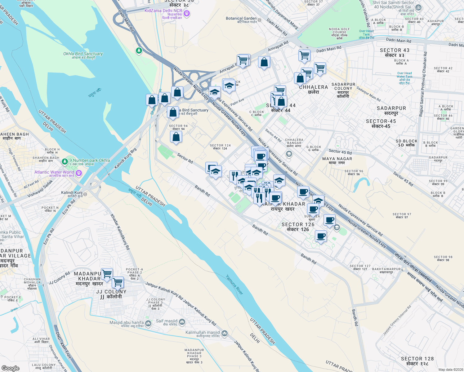 map of restaurants, bars, coffee shops, grocery stores, and more near in Noida