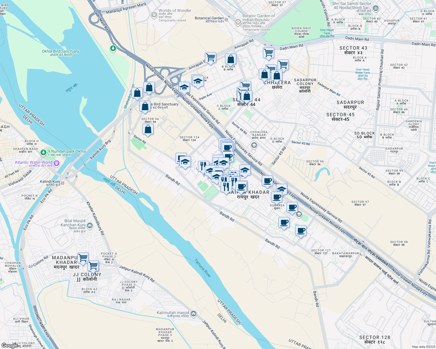 map of restaurants, bars, coffee shops, grocery stores, and more near Sector Road in Noida