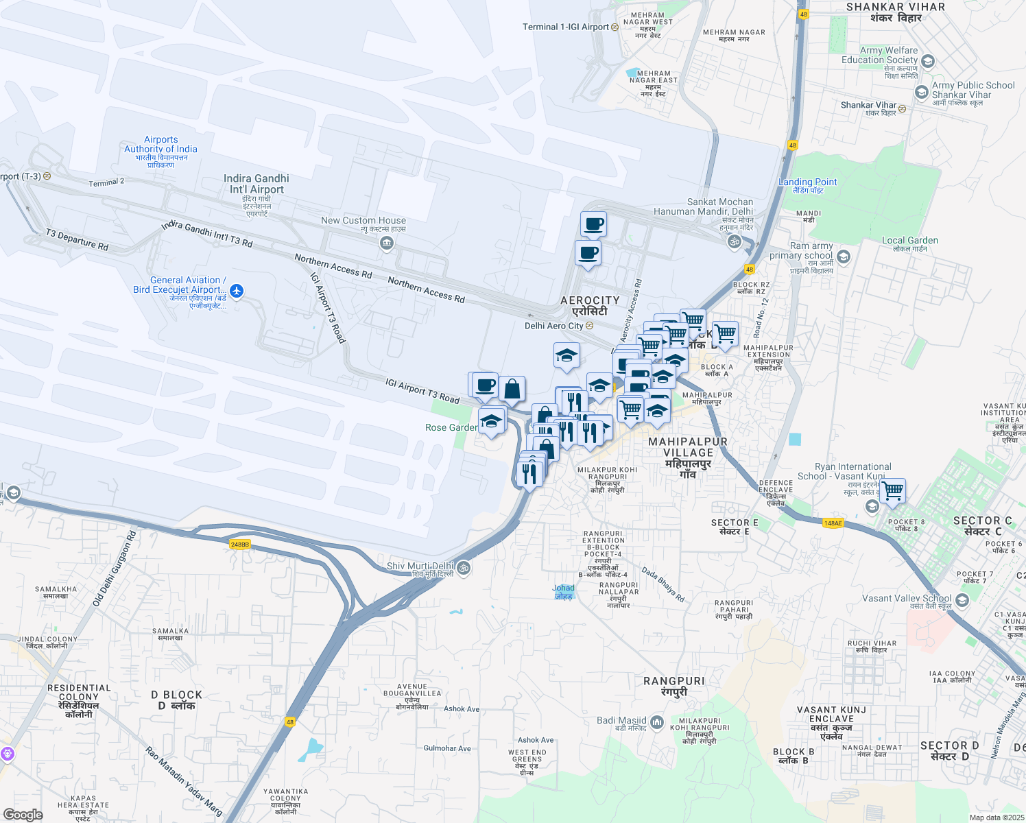 map of restaurants, bars, coffee shops, grocery stores, and more near in New Delhi