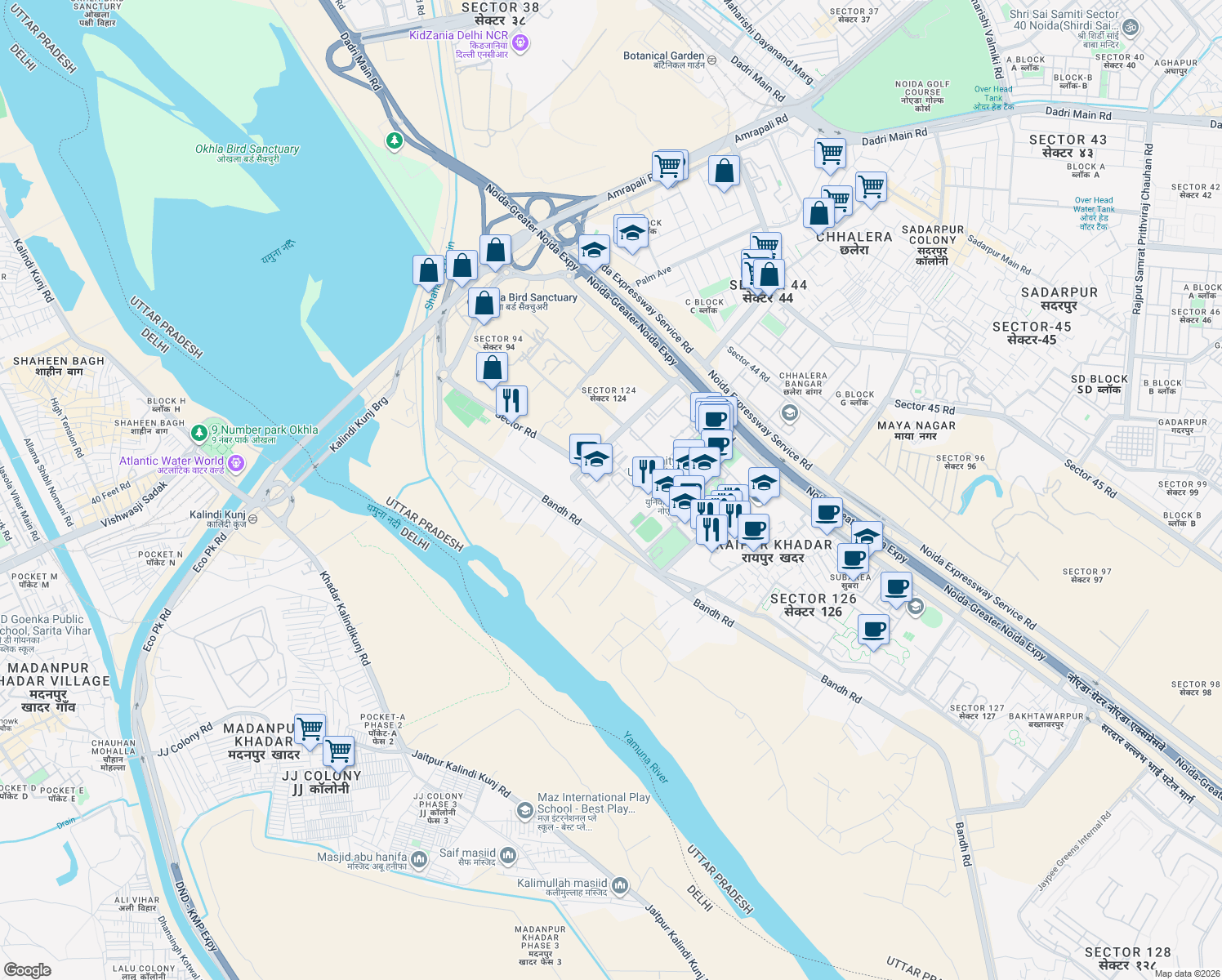 map of restaurants, bars, coffee shops, grocery stores, and more near in Noida