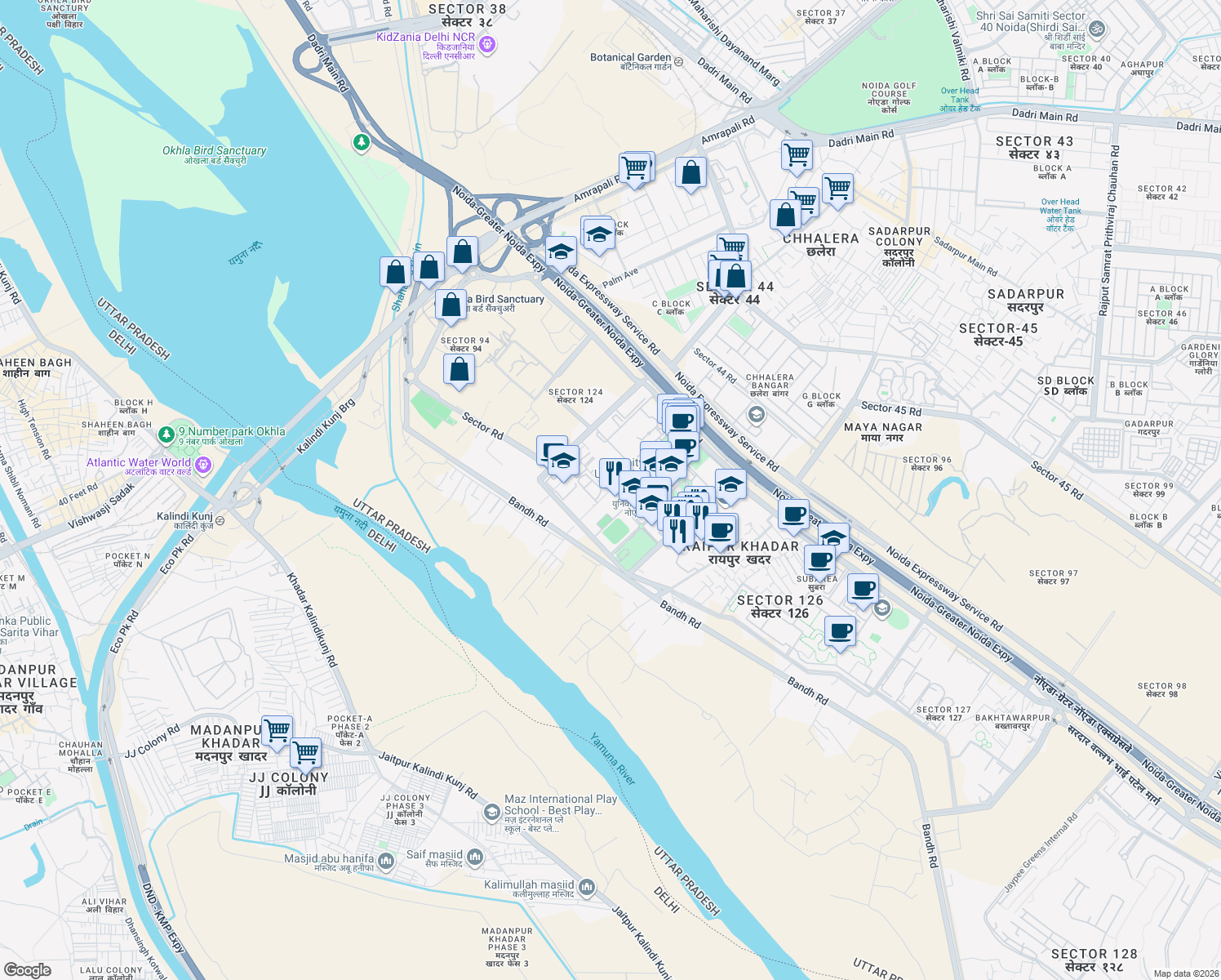 map of restaurants, bars, coffee shops, grocery stores, and more near Sector Road in Noida