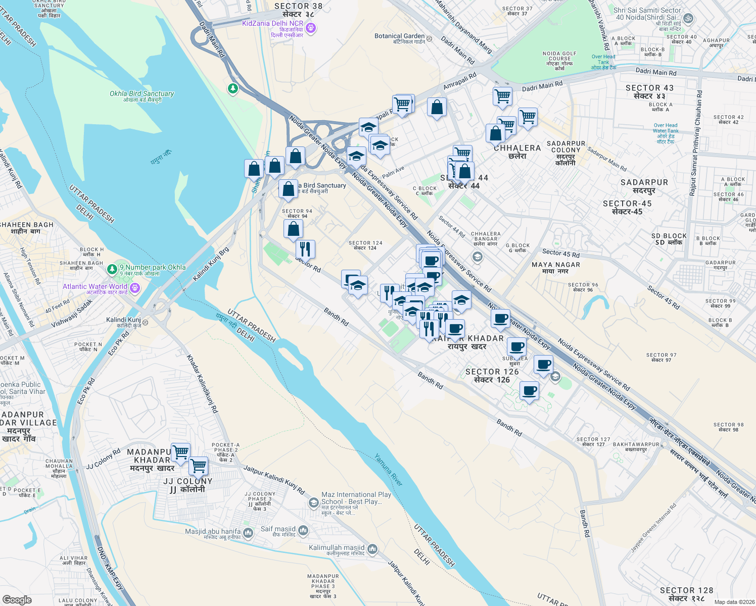 map of restaurants, bars, coffee shops, grocery stores, and more near in Noida