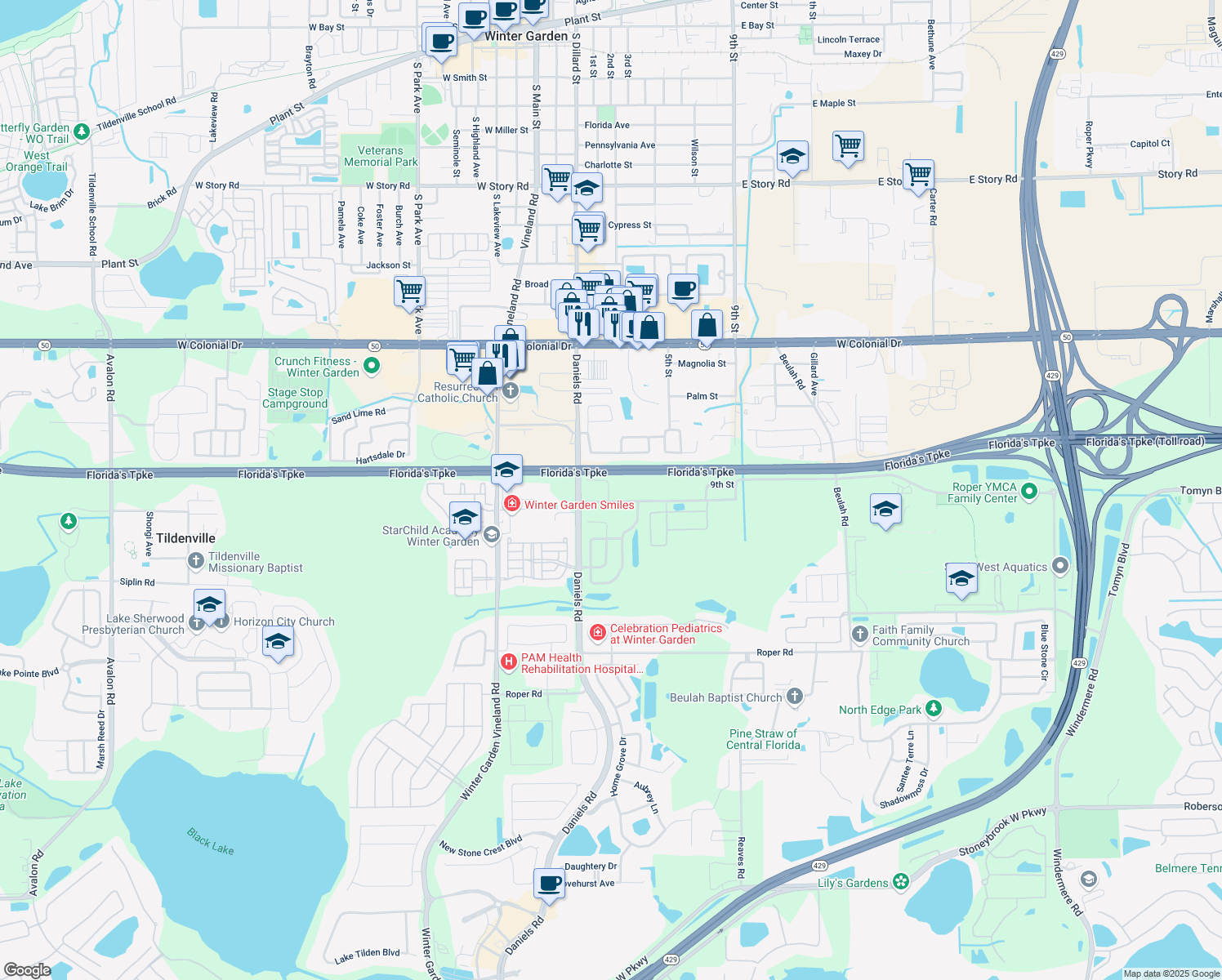 map of restaurants, bars, coffee shops, grocery stores, and more near 259 Beard Road in Winter Garden