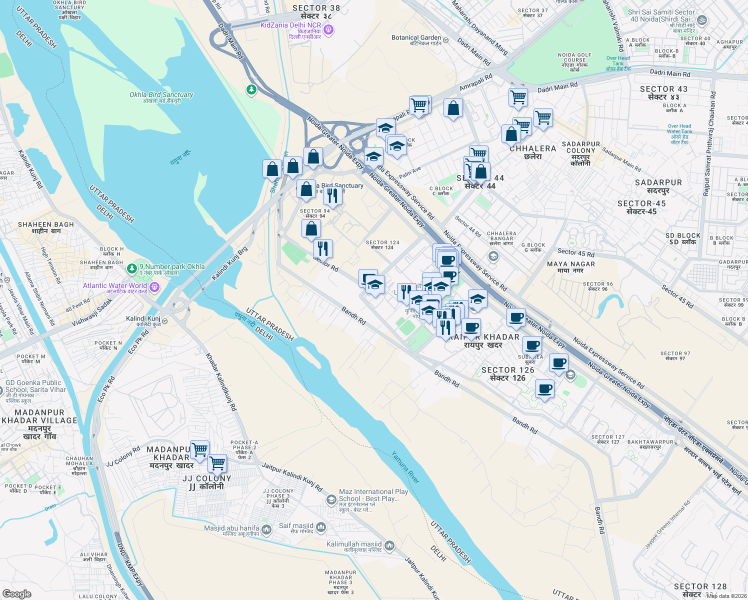 map of restaurants, bars, coffee shops, grocery stores, and more near in Noida