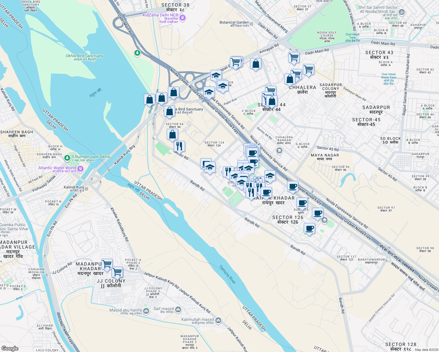 map of restaurants, bars, coffee shops, grocery stores, and more near in Noida