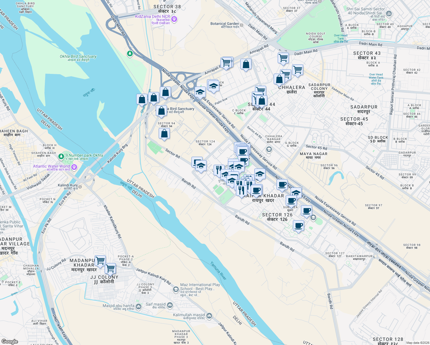 map of restaurants, bars, coffee shops, grocery stores, and more near Sector Road in Noida