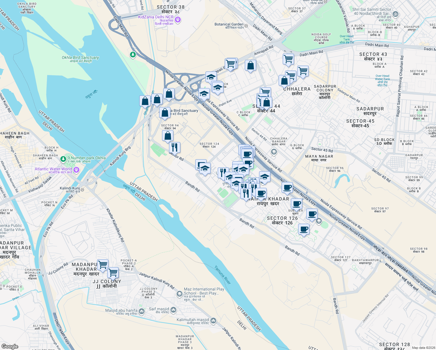 map of restaurants, bars, coffee shops, grocery stores, and more near in Noida