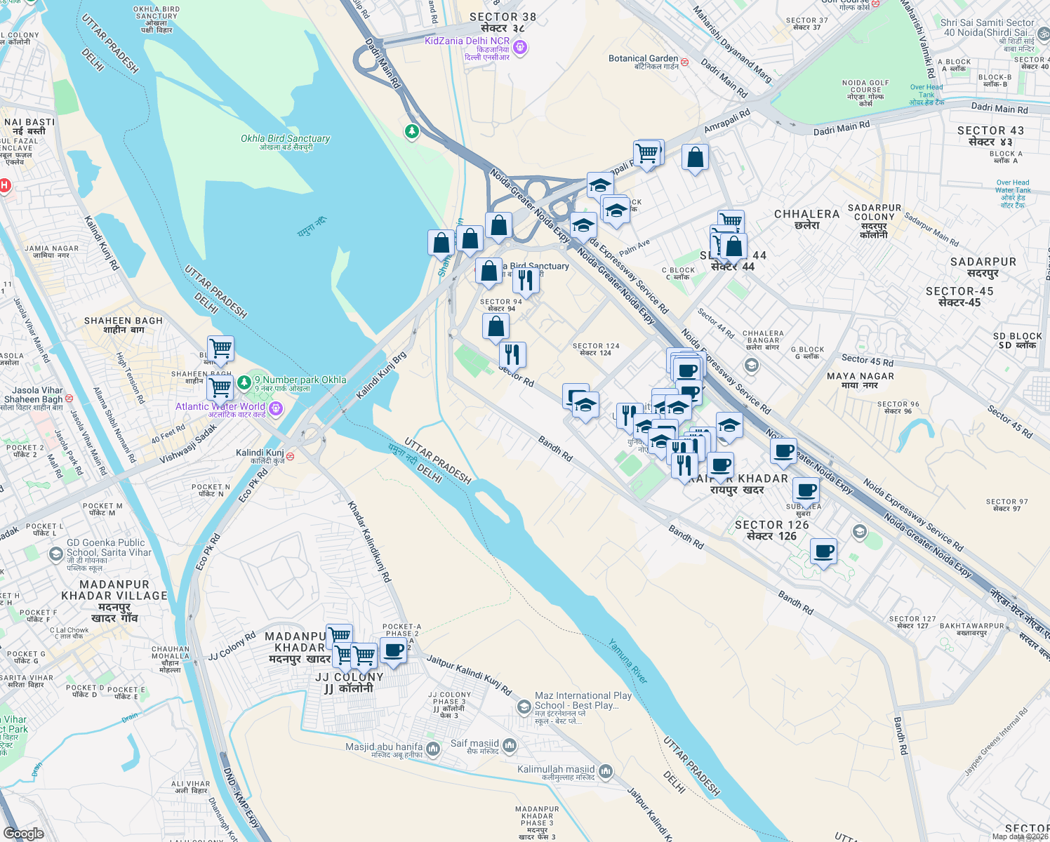 map of restaurants, bars, coffee shops, grocery stores, and more near Sector Road in New Okhla Industrial Development Area