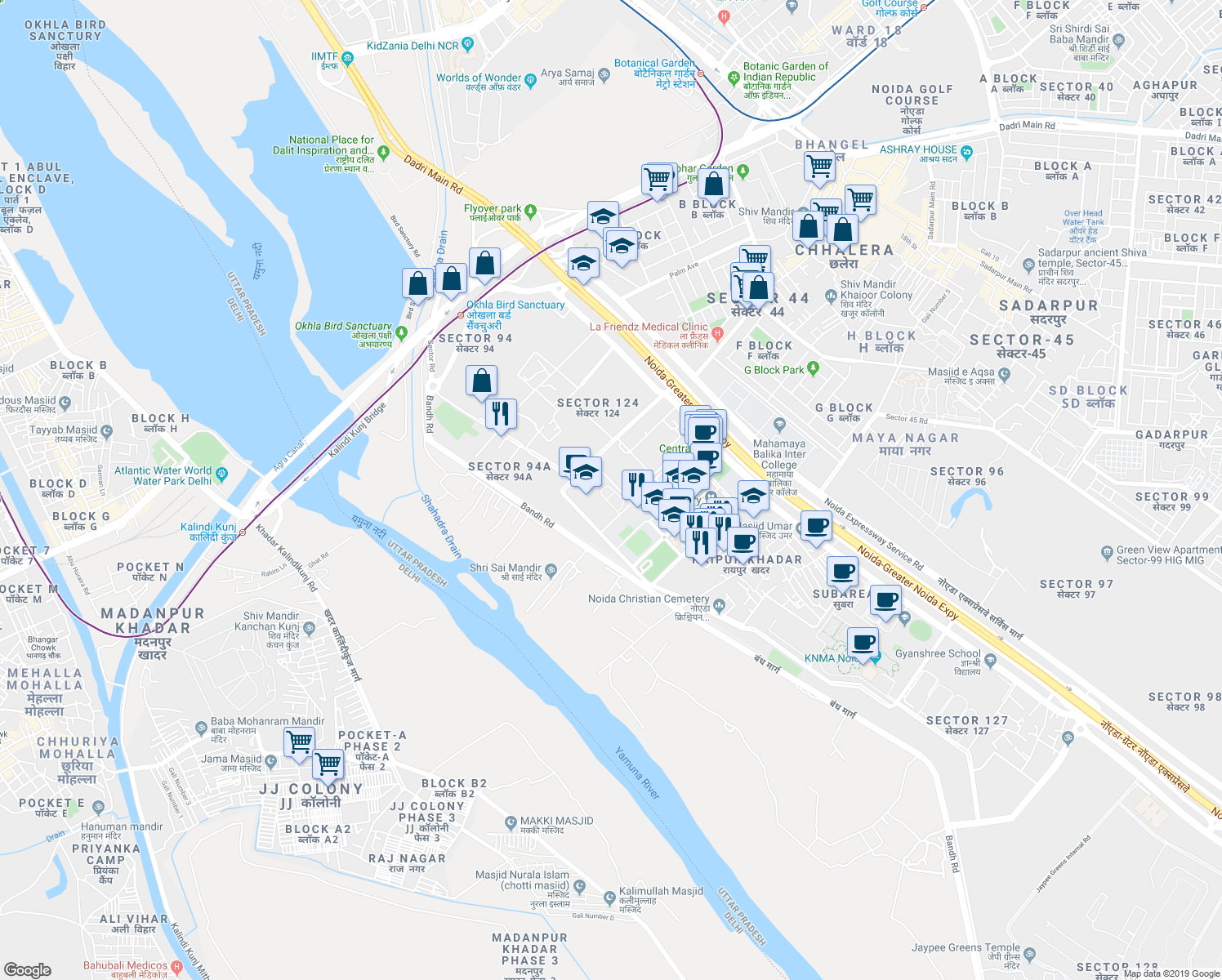 map of restaurants, bars, coffee shops, grocery stores, and more near in Noida