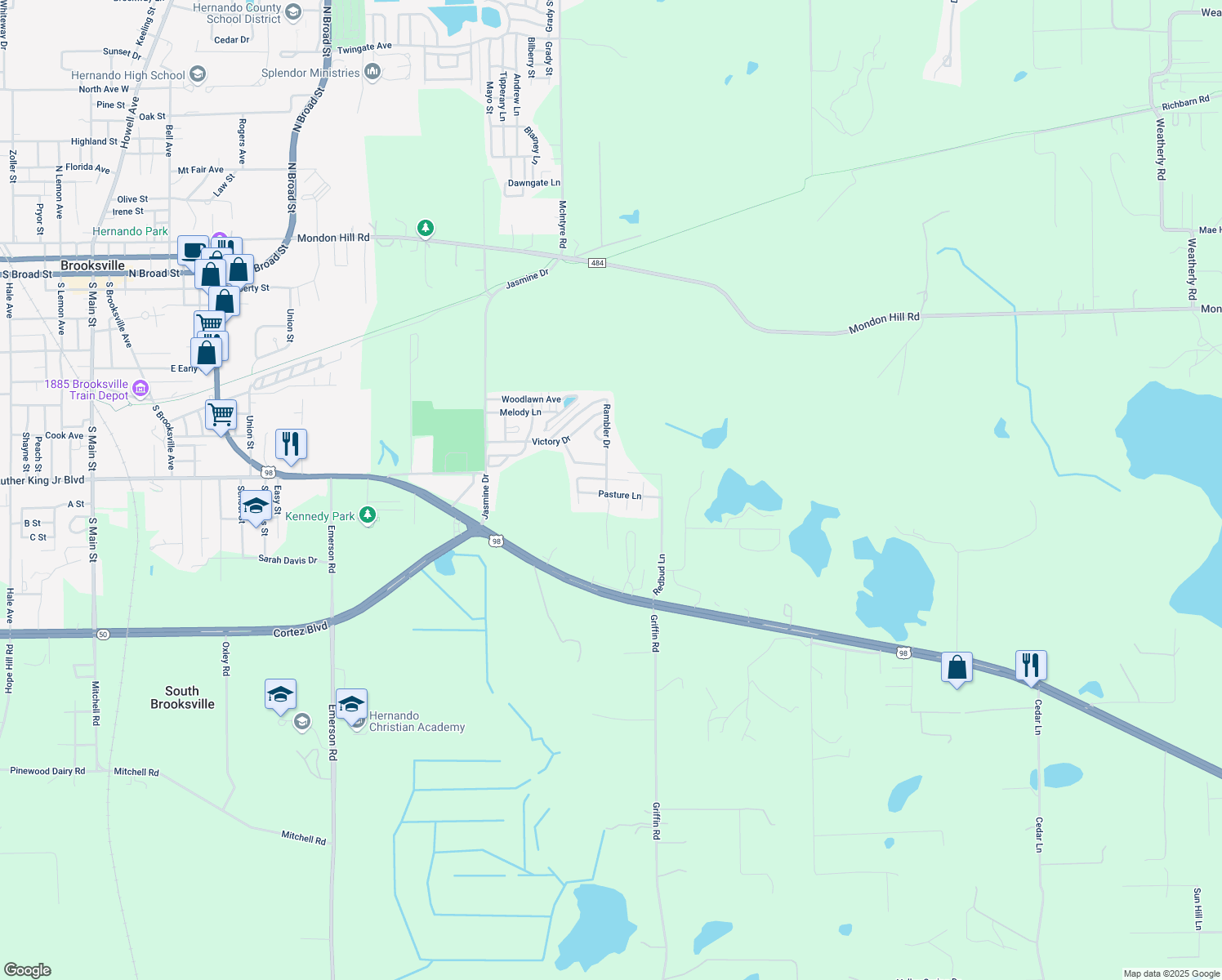 map of restaurants, bars, coffee shops, grocery stores, and more near 22399 Pasture Lane in Brooksville