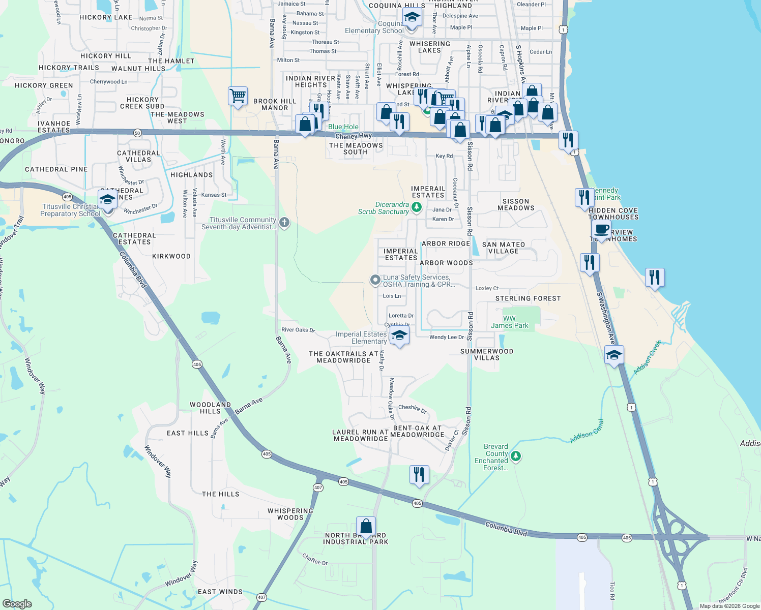 map of restaurants, bars, coffee shops, grocery stores, and more near 5365 Sandra Drive in Titusville