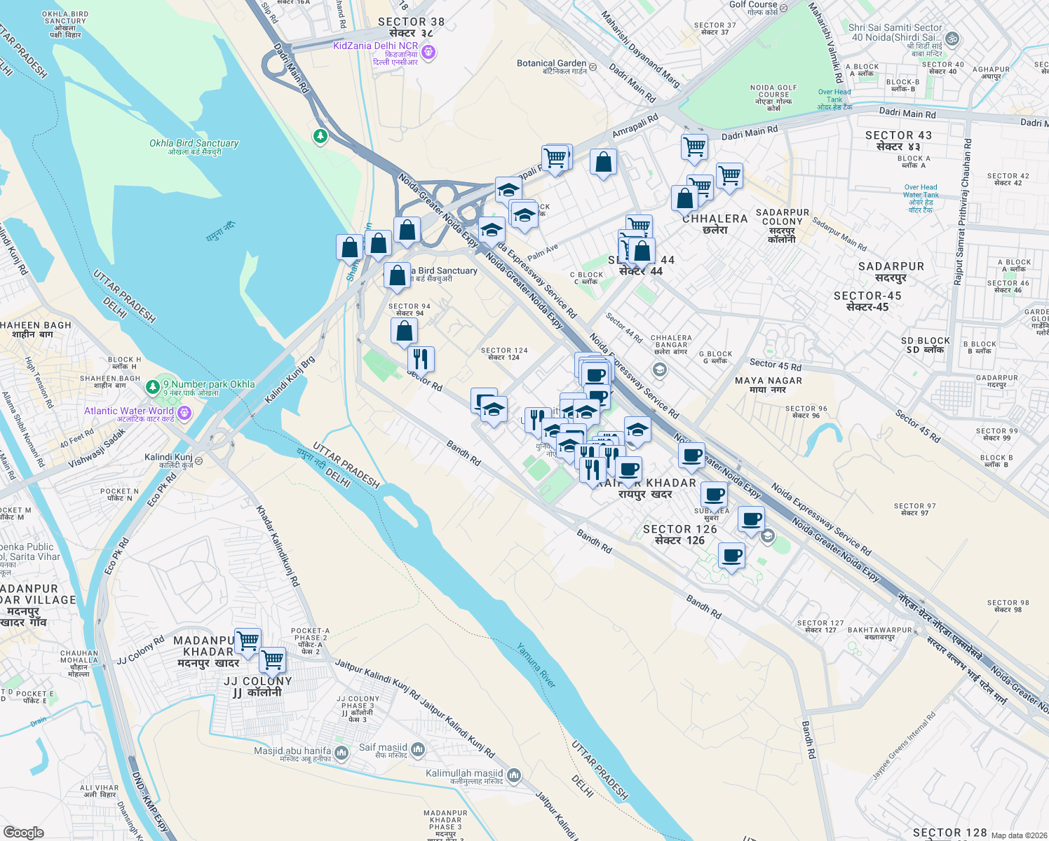 map of restaurants, bars, coffee shops, grocery stores, and more near in Noida