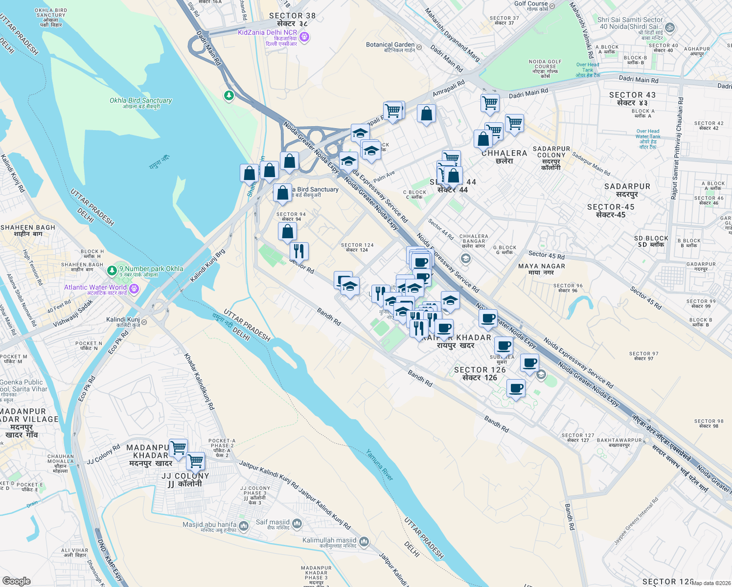 map of restaurants, bars, coffee shops, grocery stores, and more near in Noida
