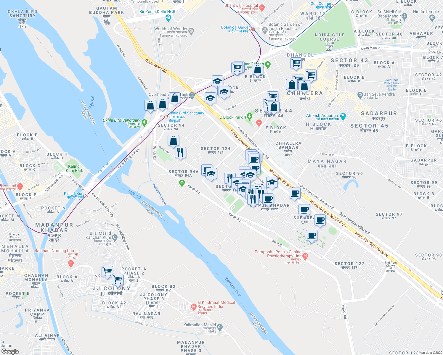 map of restaurants, bars, coffee shops, grocery stores, and more near in Noida
