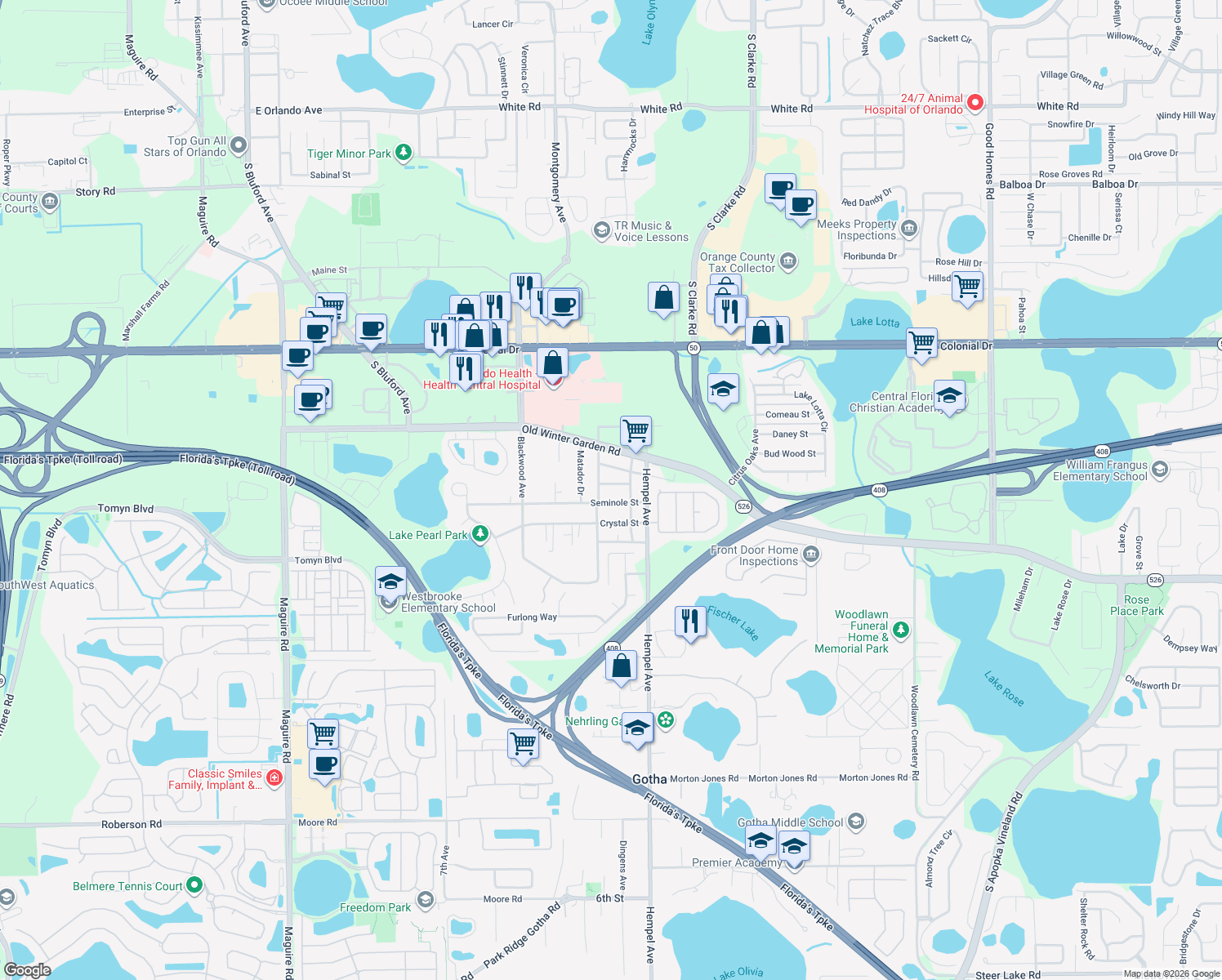 map of restaurants, bars, coffee shops, grocery stores, and more near 3676 Victor Street in Gotha