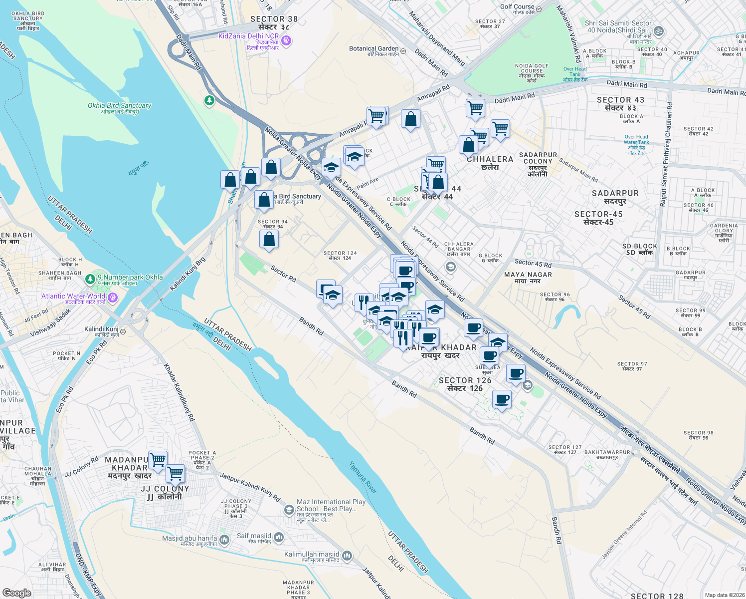 map of restaurants, bars, coffee shops, grocery stores, and more near Sector Road in Noida