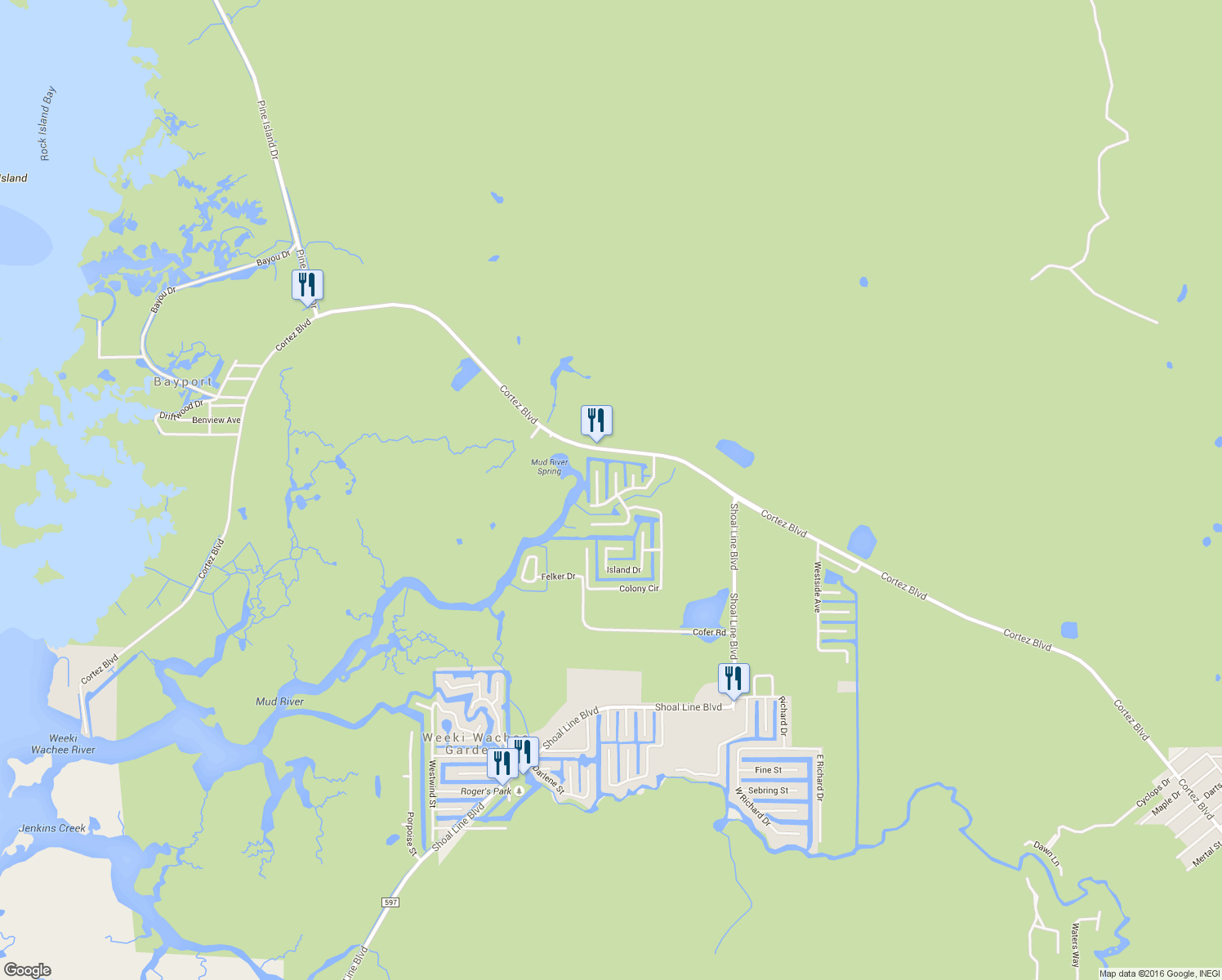 map of restaurants, bars, coffee shops, grocery stores, and more near 6125 Beacon Point Drive in Weeki Wachee