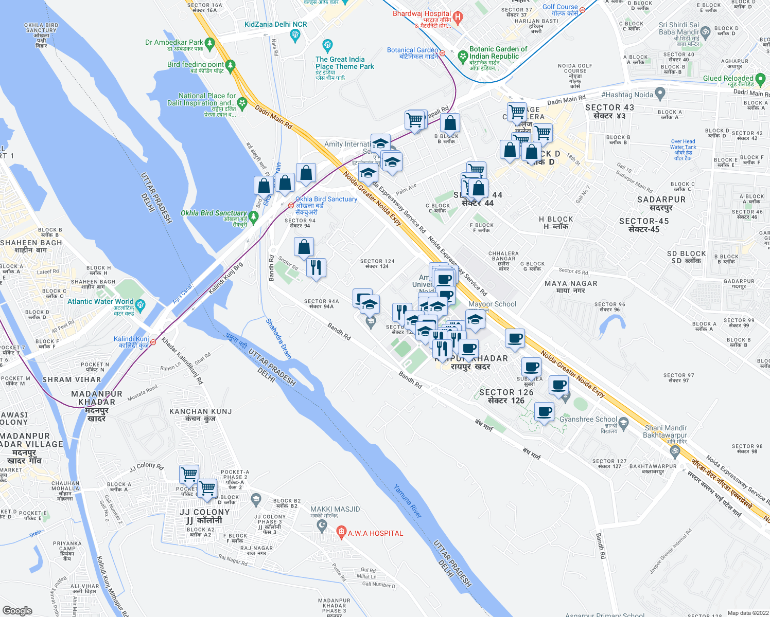 map of restaurants, bars, coffee shops, grocery stores, and more near in Noida