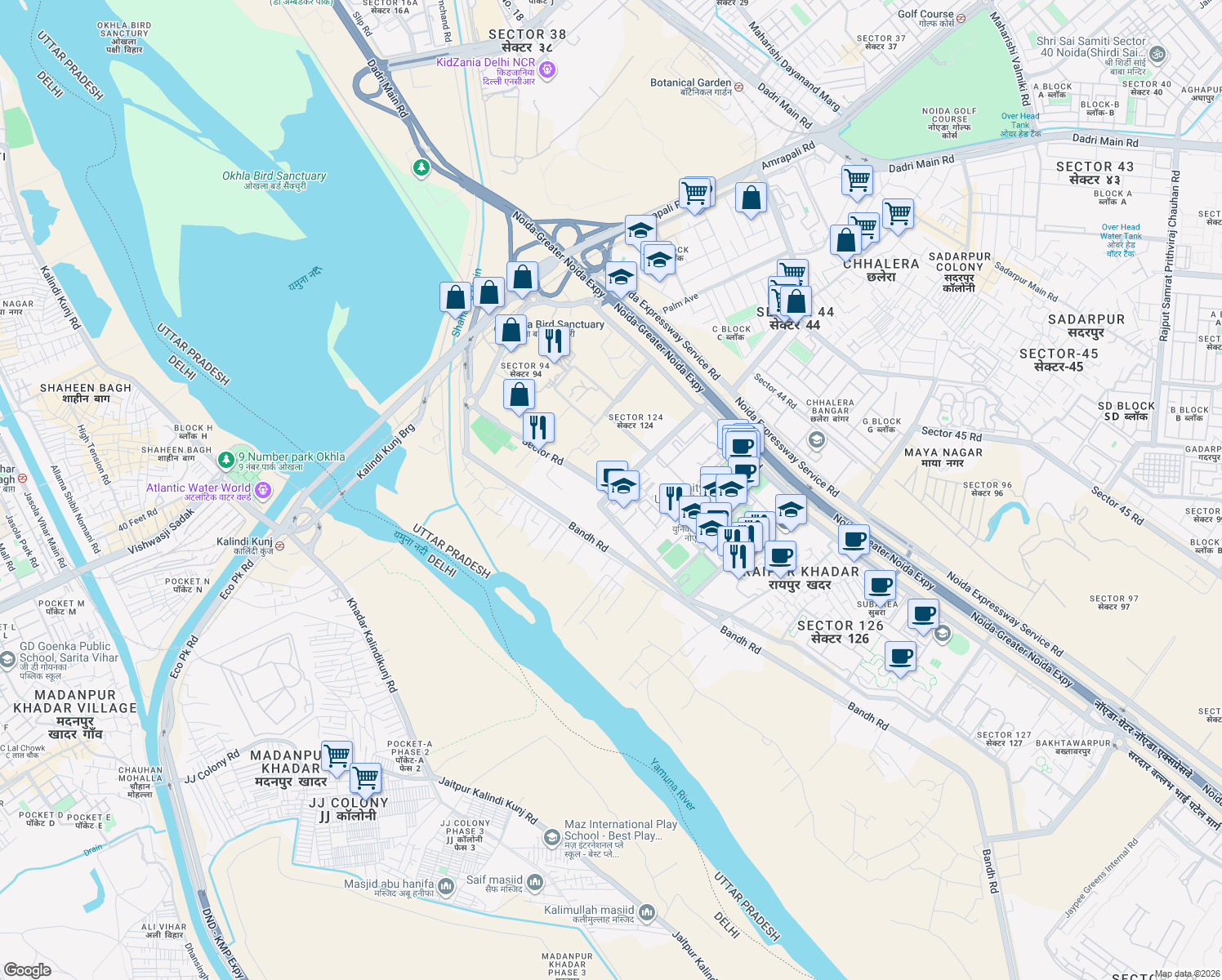 map of restaurants, bars, coffee shops, grocery stores, and more near in Noida