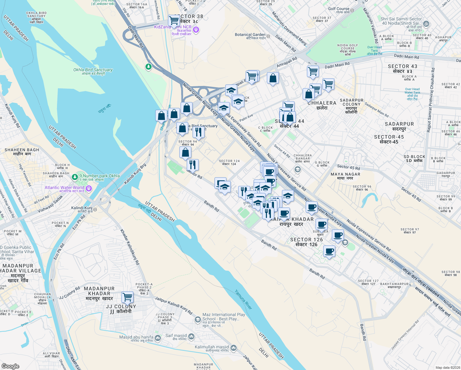 map of restaurants, bars, coffee shops, grocery stores, and more near Sector Road in Noida