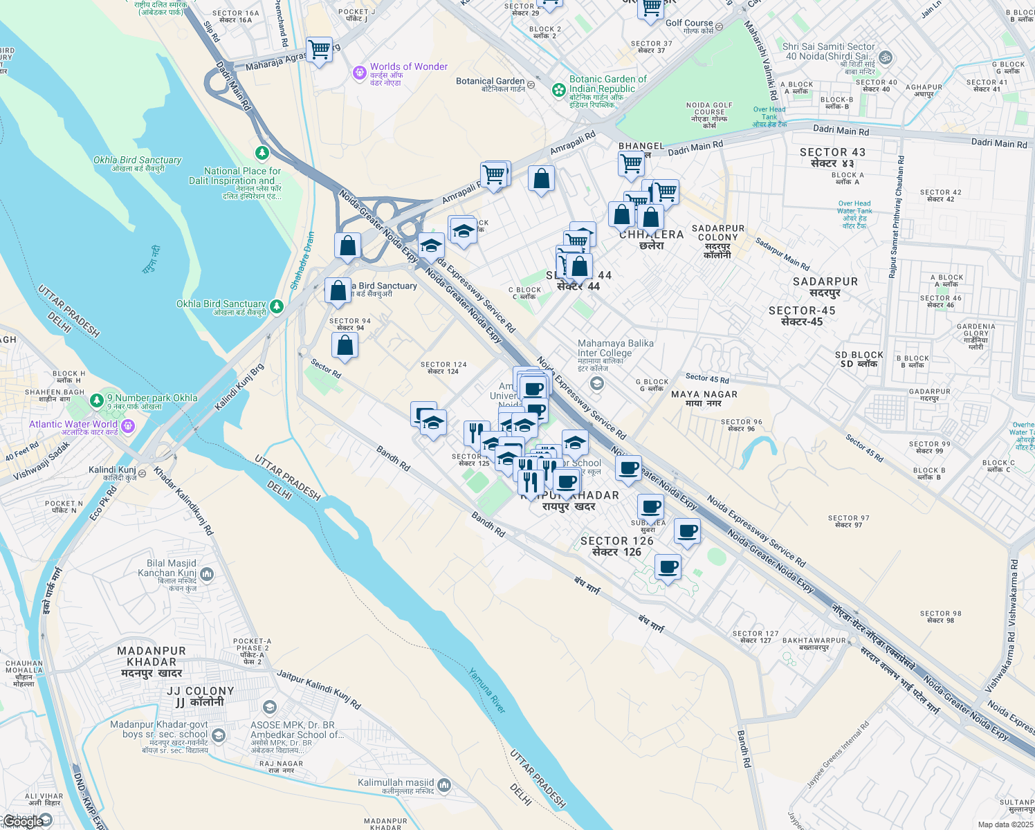 map of restaurants, bars, coffee shops, grocery stores, and more near in Noida