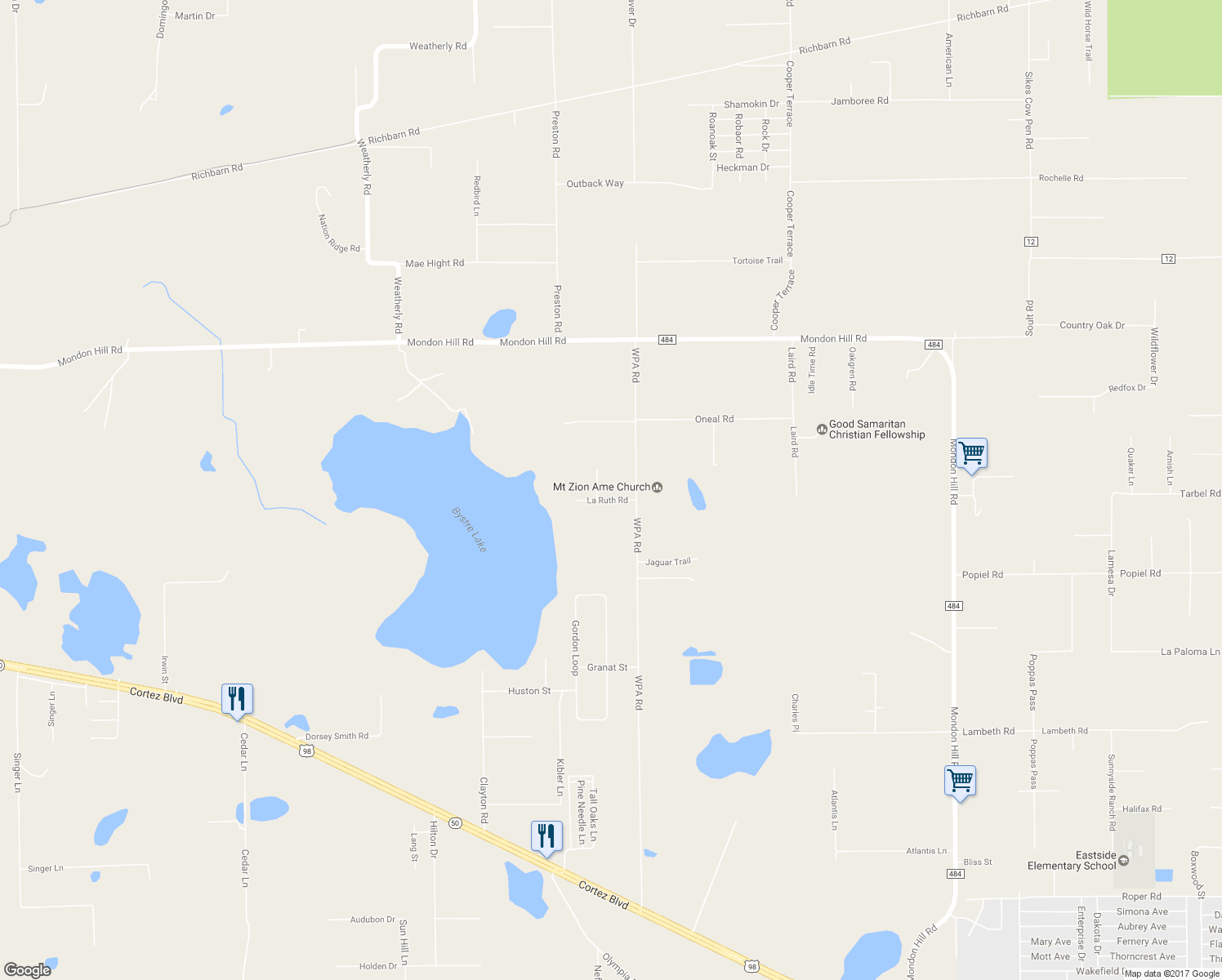 map of restaurants, bars, coffee shops, grocery stores, and more near 25275 La Ruth Road in Brooksville