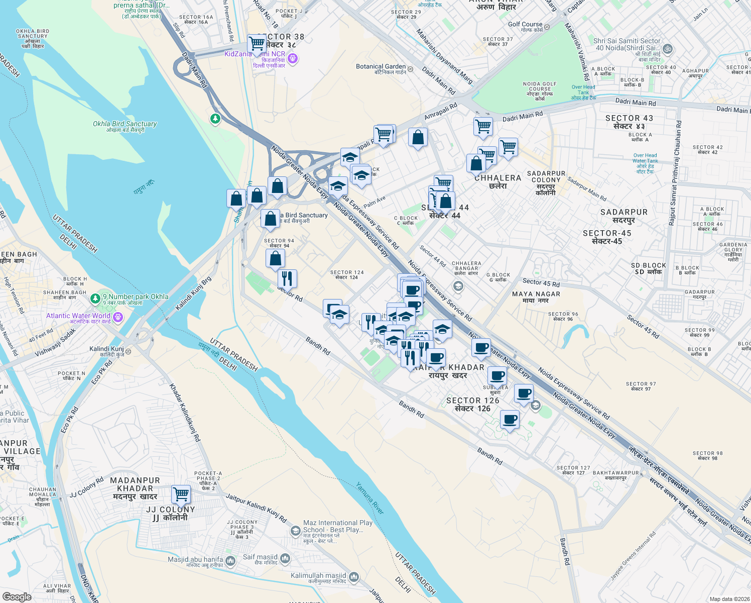map of restaurants, bars, coffee shops, grocery stores, and more near in Noida