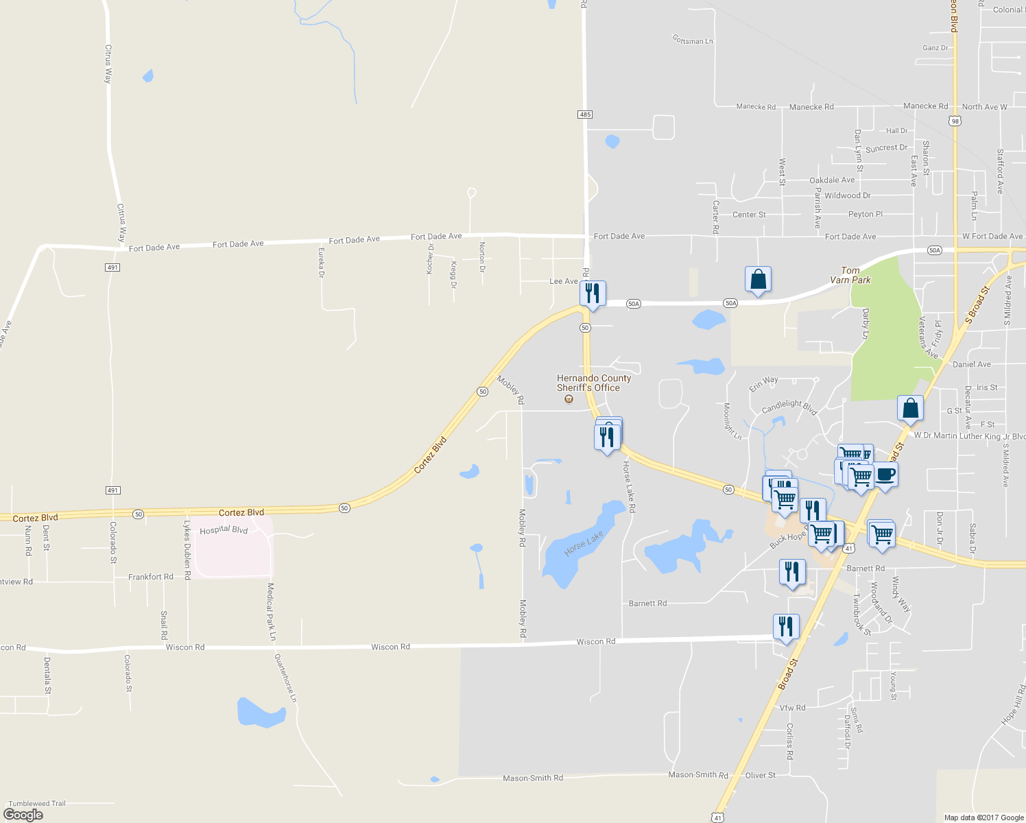 map of restaurants, bars, coffee shops, grocery stores, and more near 7990 Southern Pines Drive in Brooksville