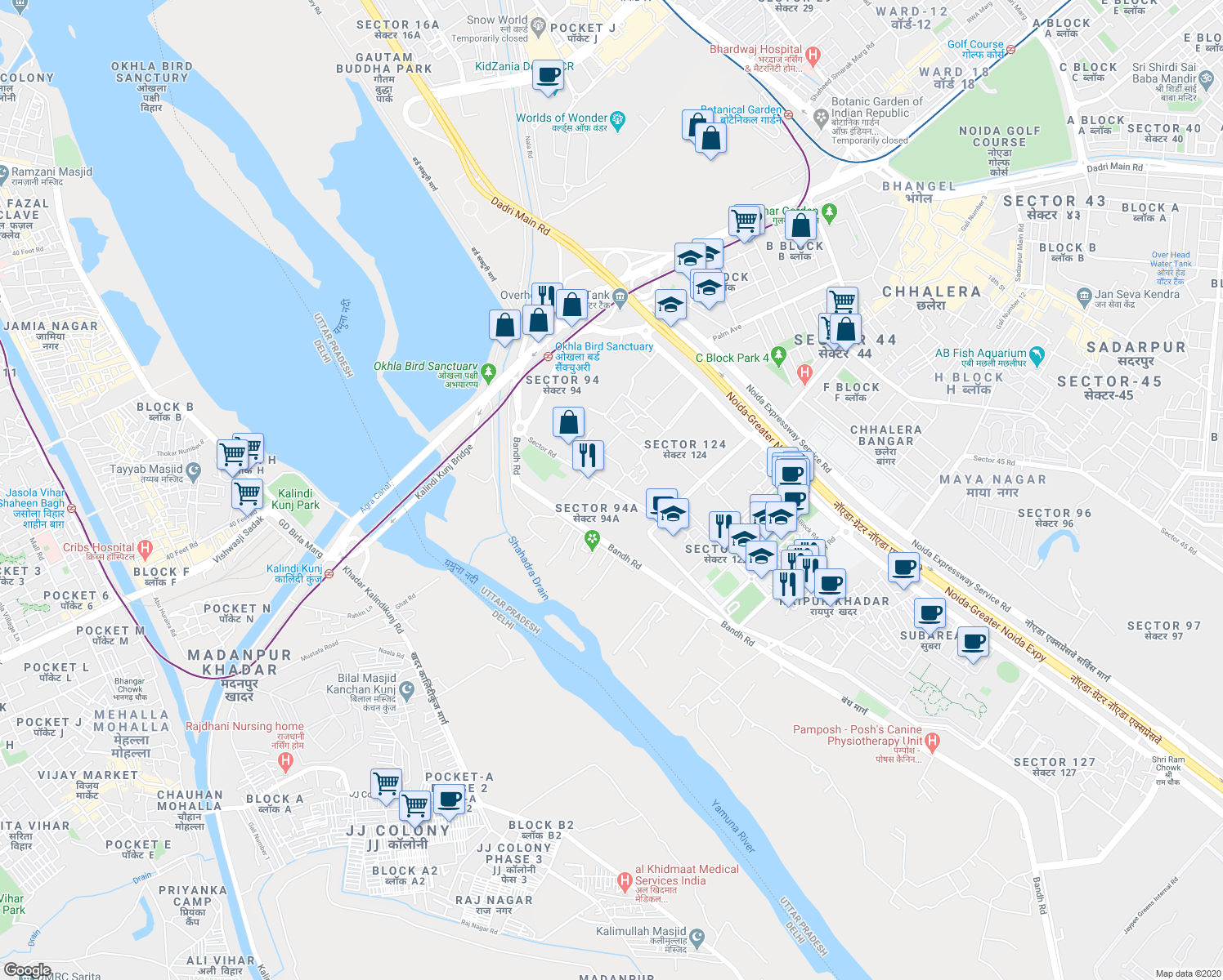 map of restaurants, bars, coffee shops, grocery stores, and more near Sector Road in New Okhla Industrial Development Area