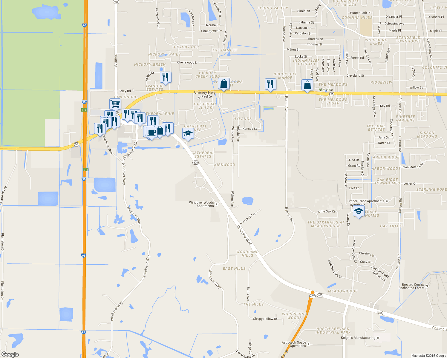 map of restaurants, bars, coffee shops, grocery stores, and more near 5155 Kirkwood Trail in Titusville