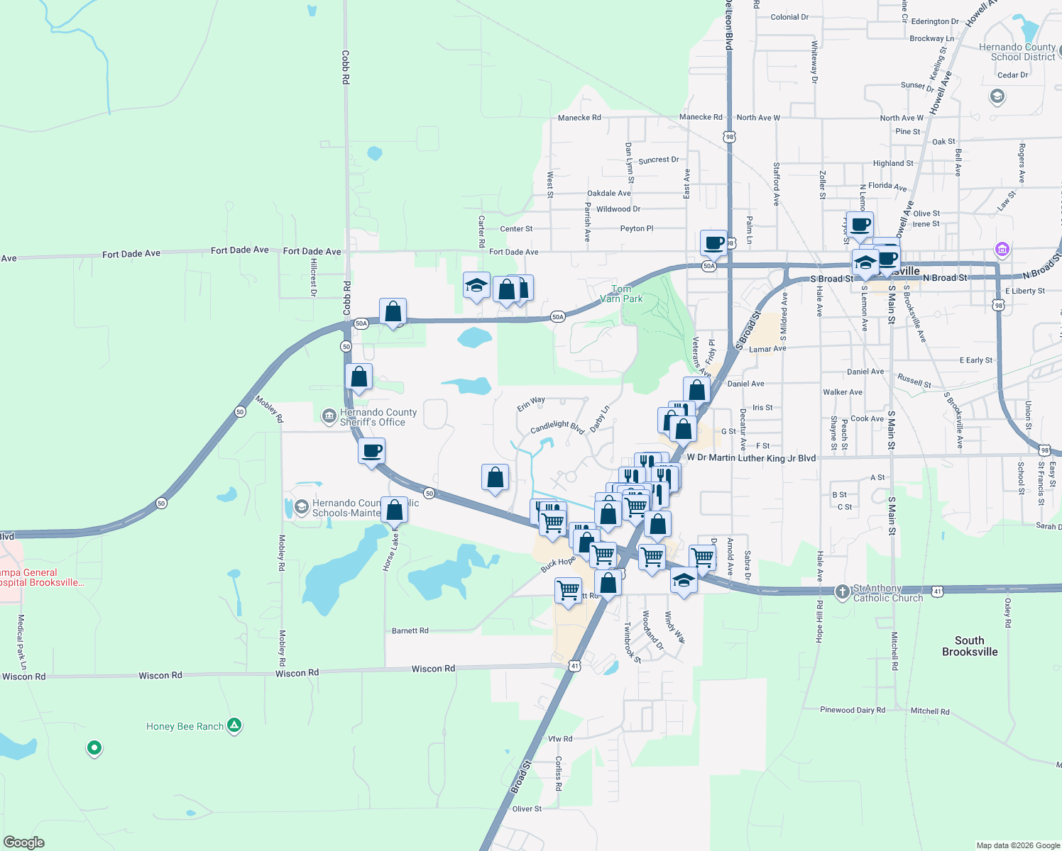 map of restaurants, bars, coffee shops, grocery stores, and more near 1304 Candlelight Boulevard in Brooksville